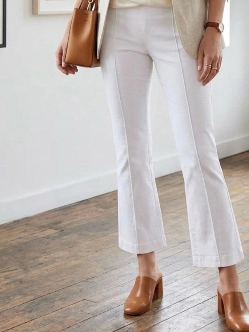 Bright White Cropped Front Seam Stretch Dress Pants, Canadian-Made
